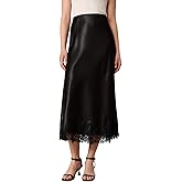Kalamet Women’s Satin Midi Slip Skirt with Lace Hem, High Waist A-Line Elegant Silky Skirt for Work, Date, Evening Outfits