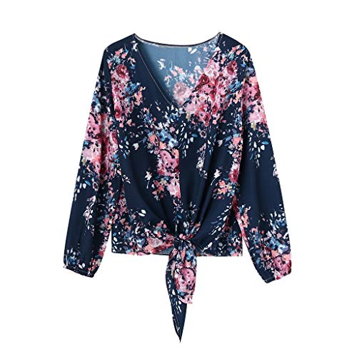 Womens Floral V Neck Tie Knot Front Blouses Bat Wing Short Sleeve Chiffon Tops Shirts Navy