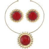 Dtja Boho Red Turquoise Flower Jewelry Set for Women Bohemian Round Stone Stud Earrings Sunflower Choker Pendant Necklace Ethnic Wedding Birthday Holiday Jewelry