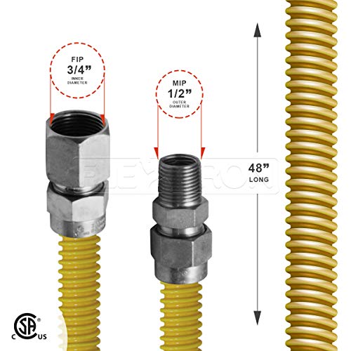 Flextron FTGC-YC12-48Q Flexible Epoxy Gas Line, Gas Pipe Connector With 5/8 in. Outer Diameter and 1/2 in. Inside Diameter; 3/4 in. FIP x 1/2 in MIP Fittings; Yellow/Stainless Steel Gas Hose 48 in. Long