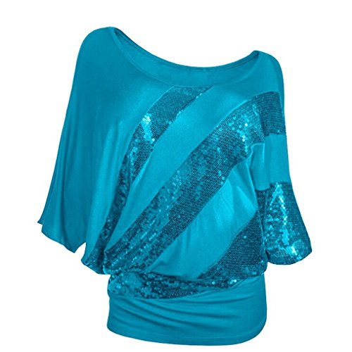 Quartly 1Pc Women Short Sleeve Cold Shoulder Sequin Tee Tops Shirts Summer T-Shirt Pullover Casual Blouse (XL, Blue)