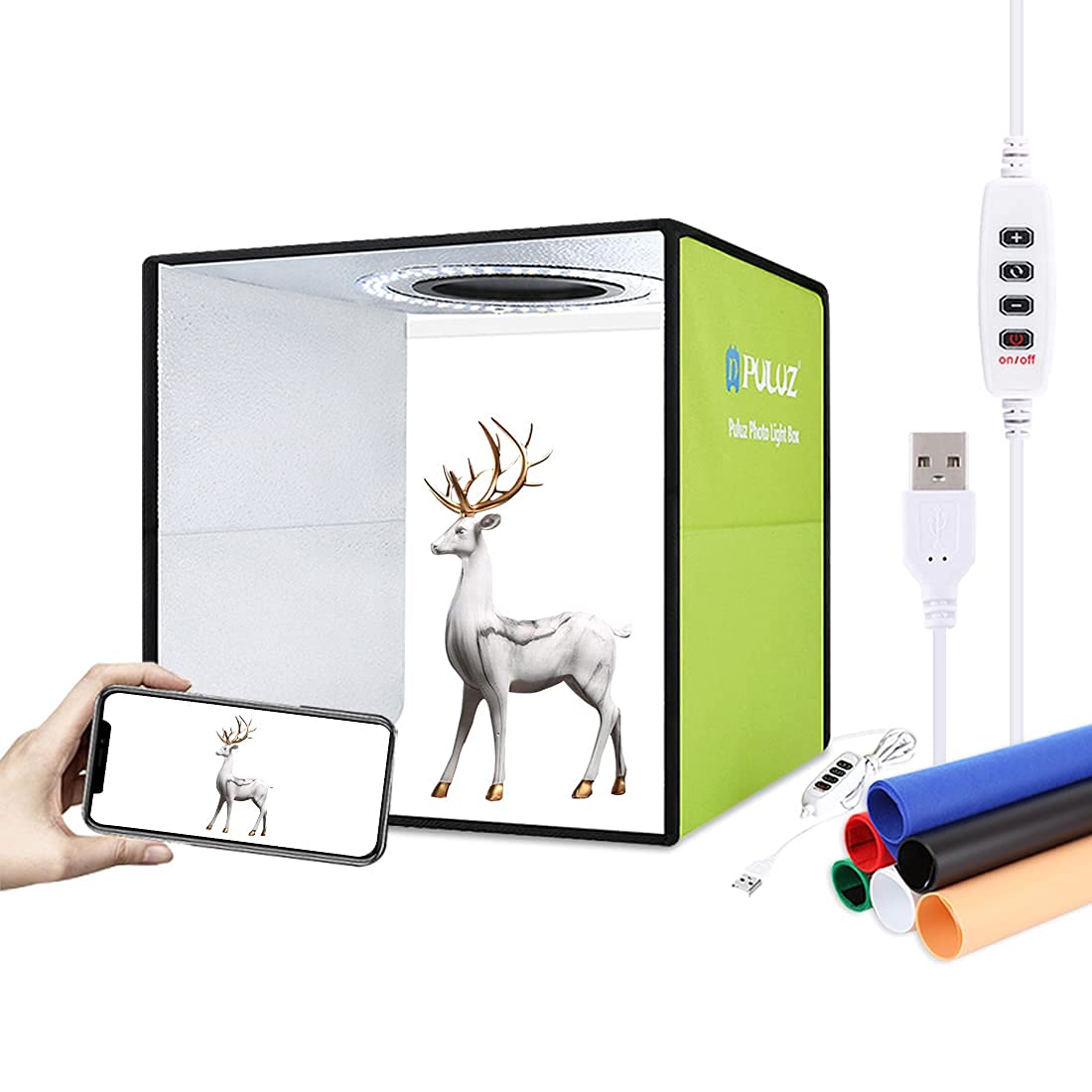 PULUZ 12"/30CM Portable Photo Box for Online Product Photography Light Box Business with 6 Colour Backgrounds+120 LED Bead Ring Light (Green)