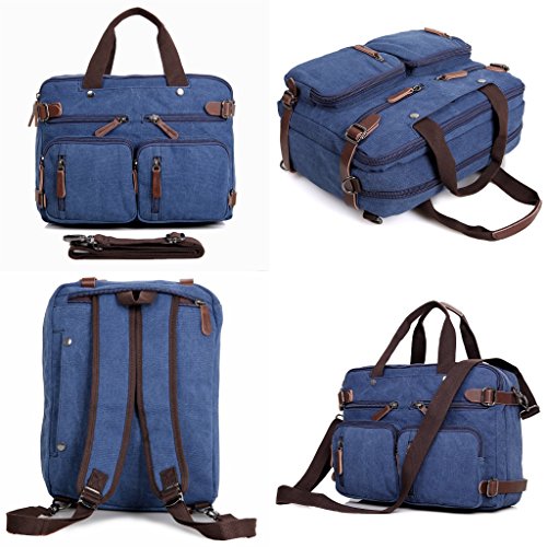 Clean Vintage Laptop Bag Hybrid Backpack Messenger Bag/Convertible Briefcase Backpack Satchel for Men Women- BookBag Rucksack Daypack-Waxed Canvas Leather, Blue