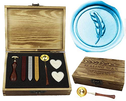 MNYR Vintage Feather Elegant Wooden Box Wax Seal Sealing Stamp Wedding Invitations Gift Stationary Envelope Embellishment Custom Wax Seal Sticks Wooden Handle Melting Spoon Heart Candle Gift Box Set