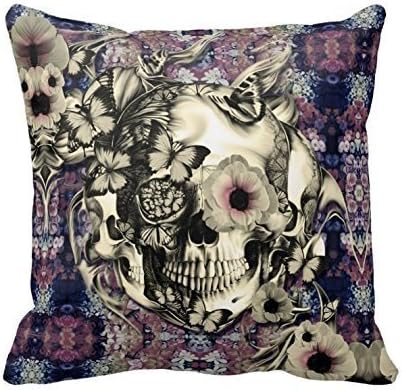 Flowers and Skull Square Throw Pillow Case Cushion Cover Home Decorative Pillow Cover 16x16 Inches
