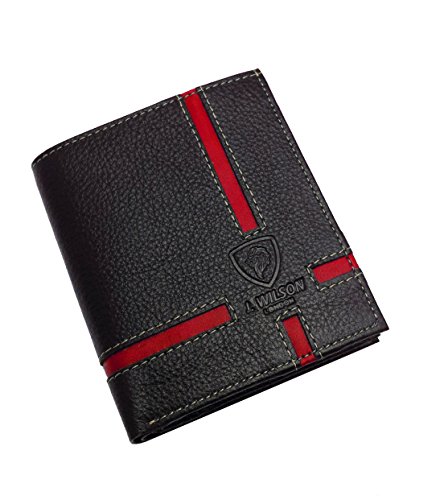 Wilson London J Wilson London Real Leather Wallet Credit Carder Holder  Bifold Purse With Gift Box Medium Black Red