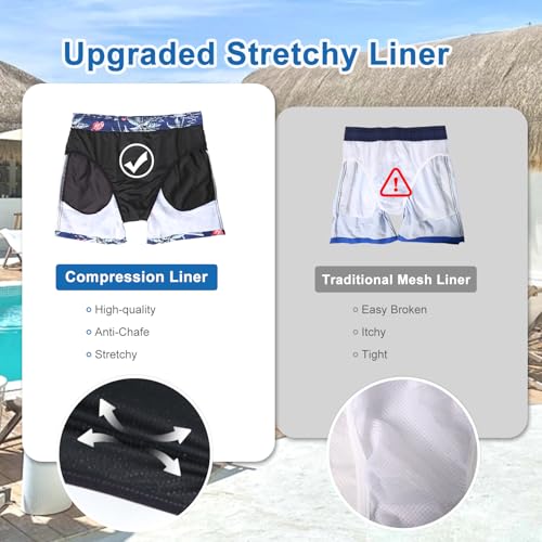 Bañador Hombre Secado Rapido Respirable Traje de Baño Estampado Ligero Boxer Calzones Bano para Natacion Playa Surf de Bolsillo con Cremallera Rayas Azules y Blancas L