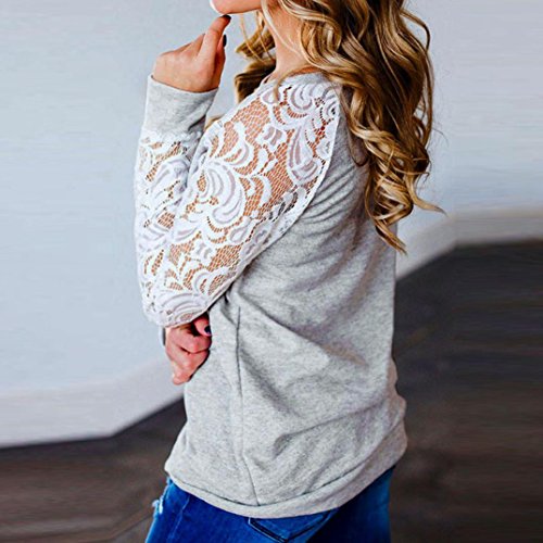 Lace Tops For Women,Toponly Women's Lace Floral Splicing T-Shirt Long Sleeve O-Neck Blouse Tops (Fashion Gray, M) - Thumbnail 4