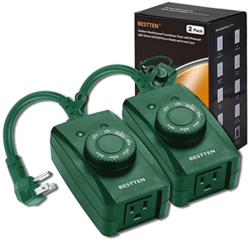 [2 Pack] BESTTEN Weatherproof Outdoor Timer with Photocell Light Sensor