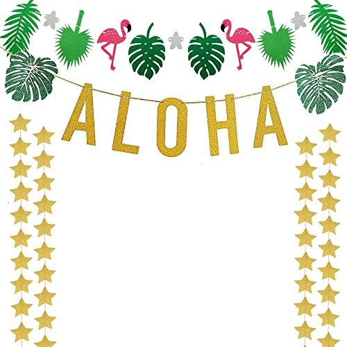 Gold Glittery ALOHA Green Leaves Garland Flamingo Party Banner,and Gold Glittery Pentagram Garland,for Hawaiian Tropical Luau Beach Summer Party Decoration Supplies (4 Pack) (4)