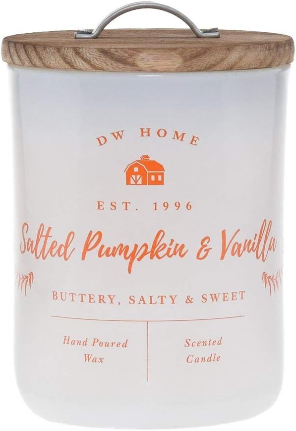 DW Home Charming Farmhouse Collection Salted Pumpkin & Vanilla Scented 2 Wick Candle Topped with a Rustic Wooden Lid