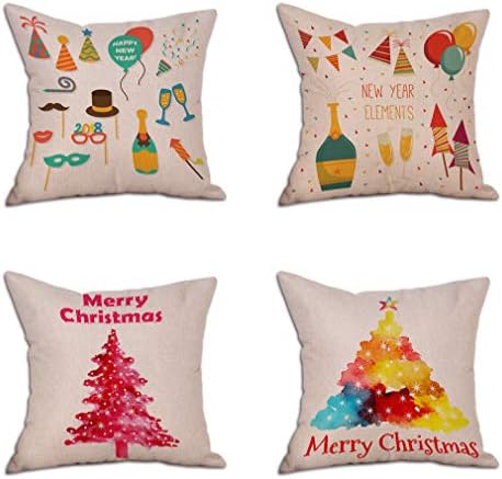 Ussuperstar Decorative Christmas Throw Pillow Covers Set of 4 Happy New Year Christmas Tree Cushion Cover Throw Farmhouse Outdoor Pillow Case 18 X 18 Inch Pillowcase (Xmas09)