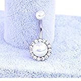 ERAWAN Rhinestone Pearl Navel Rings Belly Button Bar Ring Dangle Body Piercing Jewelry EW sakcharn (Silver)