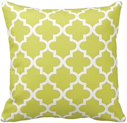 Chartreuse Green and White Decorative Cushion Covers Throw Pillow Case Moroccan Quatrefoil Pattern Print Square Two Sides 16X16 Inch