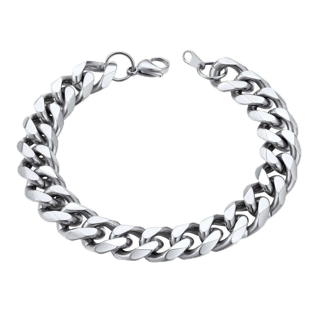 ChainsHouse Mens Silver Cuban Bracelet Stainless Steel Curb Chain Bracelets for Men Women Thick Chunky Chains Link Miami Jewellery 12mm 21cm