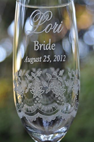 Engraved Lace Champagne Flutes for the Bride and Groom Personalized with Names and Wedding Date.