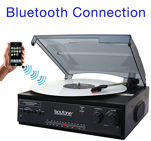 Boytone BT-13B with Bluetooth Connection 3-Speed Stereo Turntable Belt Drive 33/45/78 RPM, 2 built in Speakers AM/FM Stereo Radio, 3.5mm Headphone Jack/ Axillary, RCA Jack, 45 Rpm Adapter Included