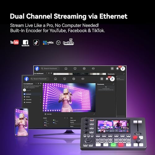 Tenveo Video Mixer Switcher, 4K 60FPS Live Streaming Video Switcher, 5.5" FHD Display, 4X SDI and 4X HDMI Inputs, 1080P 60FPS Output, USB Recording, Support PTZ Camera and Controller