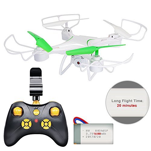 Drone with Camera for Kids - Honor-Y 1600mAh Battery 6-Axis Gyro 2.4GHz RC Quadcopter with FPV Camera Live Video One Key Return for Beginners ( White )