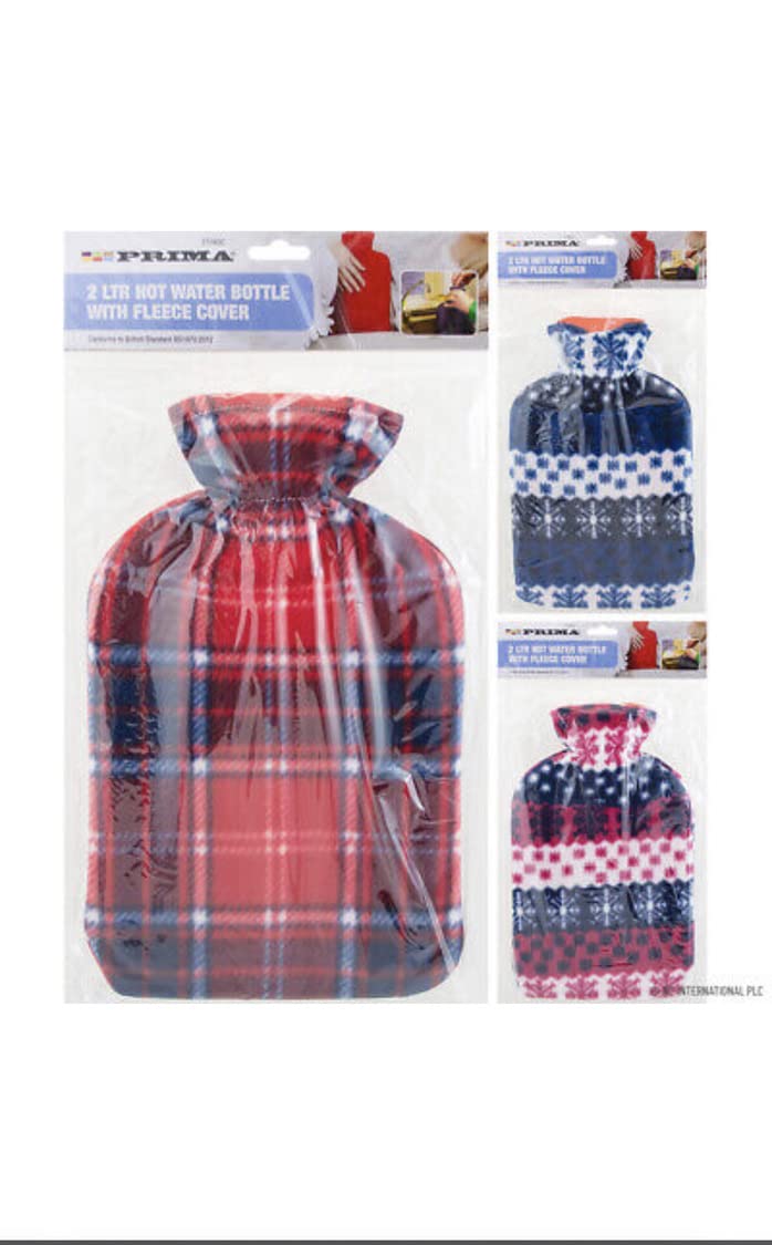 Hot Water Bottle 2 Litre with Fleece Cover (Assorted Coloured/Design)