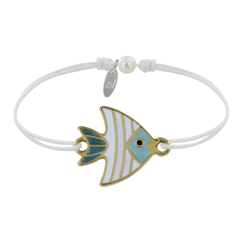 LES POULETTES BIJOUX - Bracelet Link Medal in Brass Fish Enamelled White and Turquoise - White