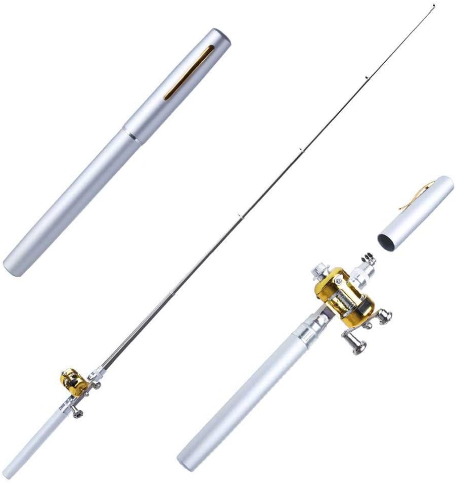 Best Fishing Rods Portable Pocket Pen Shape Aluminum Alloy Fishing Rod Pole Reel Combos (Silver)