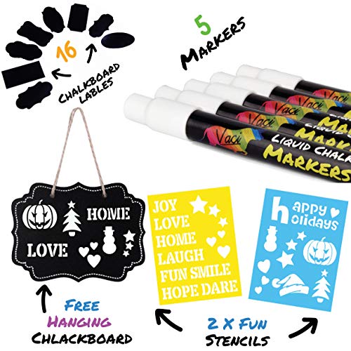 White Chalk Markers by Vaci, Pack of 5 White Markers Drawing Stencils + 16 Labels, Premium Liquid Chalkboard Neon Pens, Professional White Ink Tips