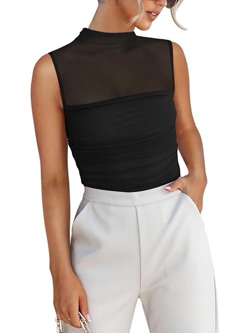 REORIA Sexy Bodysuits for Women Sheer Mesh Mock Neck Sleeveless Top Slim Fit Shirts Ruched Trendy Going Out Tops Cute Body Suit 2025 Outfits Black Medium