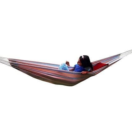 Hangit Cotton Fabric Hanging Hammock with Hanging Hardware for Camping - Blue Brown Stripe