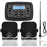 GUZARE Boats Marine Radio Bluetooth and Speakers Audio System Package - Waterproof Marine Stereo Receiver+ 1 Pari 4 inches Black Speakers + Antenna for Boats ATV UTV Motorcycle 306.301B.056B