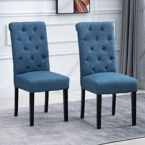 Amazon Com Nozama Upholstered Dining Chairs Set Of 2 Elegant Tufted Fabric Parsons Chair With Solid Wood Legs Blue Chairs