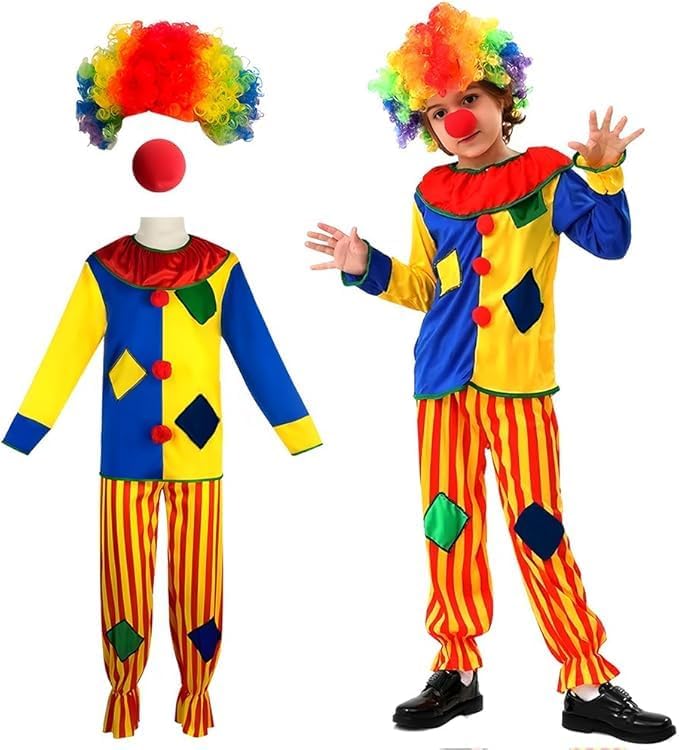 EduPlayte Pack of 4 Costume Accessories Clown, Includes Rainbow Wig Nose White Clown Outfits Unisex Accessories for Women Men Carnival Cosplay Pretend Play Circus Party Props(L:110-130CM)