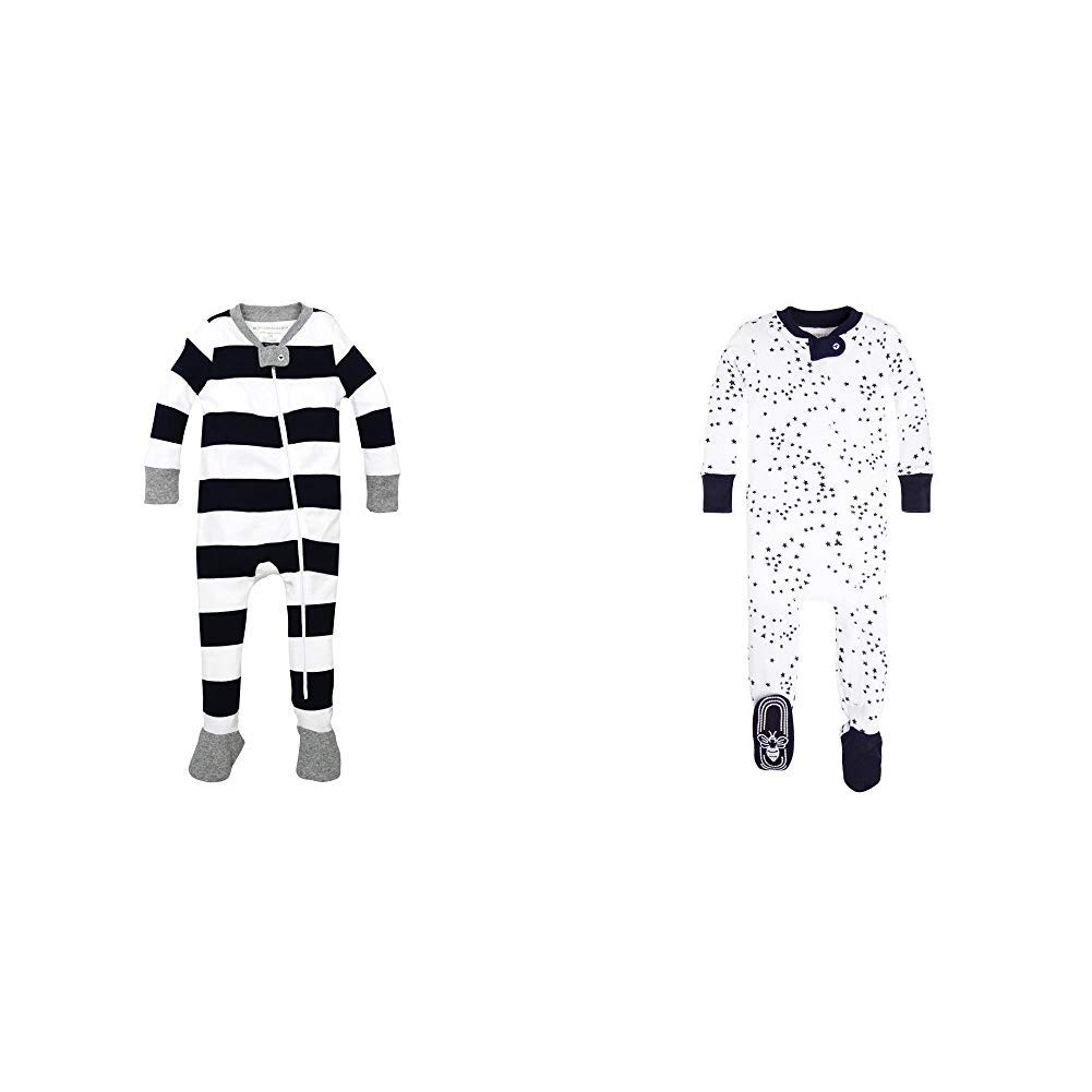 Burt’s Bees Baby Baby Boys’ 2 Pack Non-Slip Footed Sleeper Pajamas, Midnight Rugby Stripe/Midnight Twinkle Bee, 12 Months