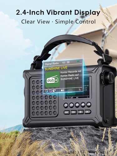 ROCAM Crank Radio DAB+/FM, Portable Emergency Radio 12000 mAh with 8500 mm² Solar Panel & 650 mA Crank, Digital Radio with Bluetooth, 2.4 Inch Colour Display, 80 Transmitters, SOS, LED Torch, USB, IPX6 for Camping
