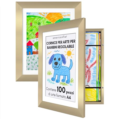 Americanflat - 2 Pack - Kids Artwork Display Frame Changeable (Gold) - Magnetic Door Holds 100 Art Pieces - A4 Size Display with Mount or 10x12.5 without Mount - My Mini Masterpiece