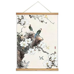 Hanging Poster with Wood Frames - Chinese Ink Painting of Birds and Flowers - Ready to Hang Decorative Wall Art - 18"x24"