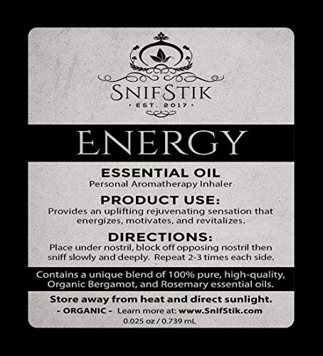 ENERGY Aromatherapy Nasal Inhaler | Personal Diffuser with ORGANIC Essential Oil Blend of Bergamot & Rosemary | BOOST ENERGY | ENHANCE FOCUS | INCREASE MOTIVATION, DRIVE & ALERTNESS