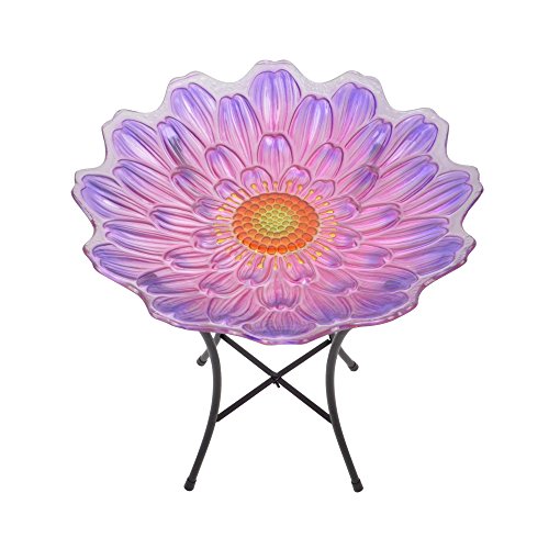 Peaktop Outdoor 18" Flower Glass Birdbath w/Metal Stand - Pink and Purple