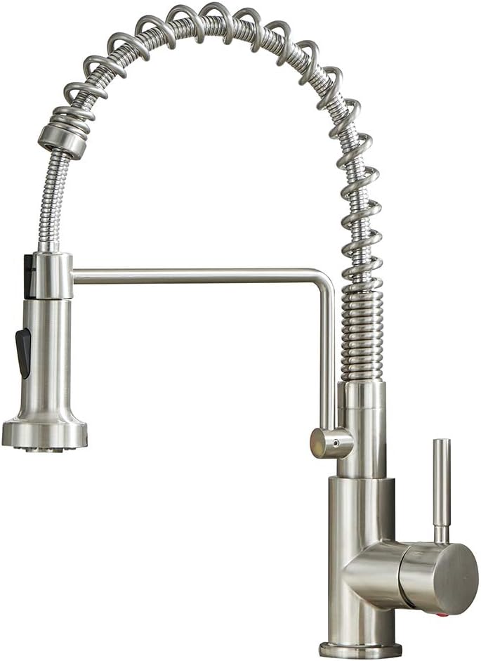 Friho Lead-Free Commercial Brushed Nickel Stainless Steel Single Handle Single Lever Pull Out Pull Down Sprayer Spring Bar Sink Kitchen Sink Faucet, Brushed Nickel Kitchen Faucets - - 
