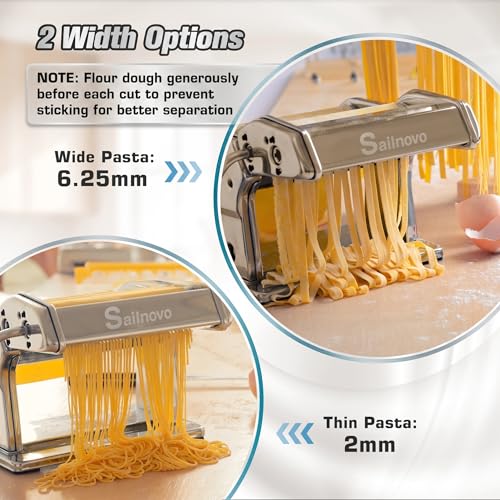 Sailnovo 3 in 1 Pasta Maker Machine - 9 Adjustable Thickness Settings Aluminum Alloy Pasta Roller & 2 Width Cutters for Fresh Spaghetti, Fettuccini, Lasagna, Dumplings - Stainless Steel, Silver