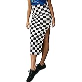 EARKOHA Checkered Slit Midi Skirt for Women Summer High Waisted Sexy Bodycon Skirts