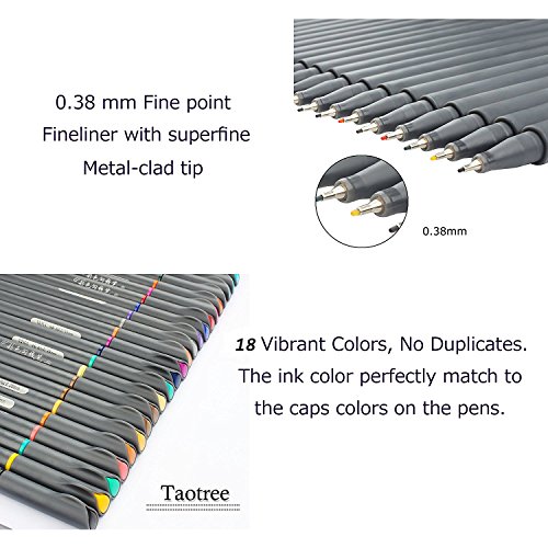 18 Fineliner Color Pens Set, Taotree Fine Line Colored Sketch Writing Drawing Pens for Journal Planner Note Taking and Coloring Book, Porous Fine Point Pens Markers, Perfect for Back to School Ideas