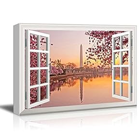 Window View Canvas Wall Art - Washington Monument and Cherry Blossom - Giclee Print Gallery Wrap Modern Home Art Ready to Hang - 12x18 inches