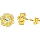 14K Gold Flower Stud Earrings for Women, Hypoallergenic CZ Stones with Butterfly Push Back, Lightweight, 8mm and 10mm