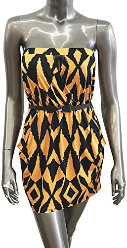 DONTYOUWANNANBE Women's Sexy Sleeveless Printed Tube Top Mini Bodycon Dress Orange Black Belted Elastic Band Strapless Pocket (Large)