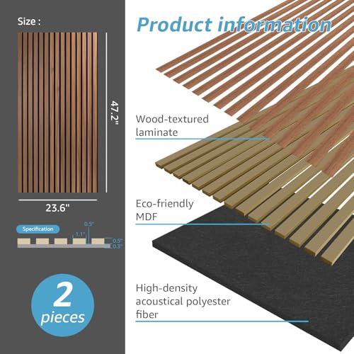 Clocell 2 Wood Slat Acoustic Panels for Wall and Ceiling - 3D Fluted Sound Absorbing Panel with Wood Finish 120 X 60