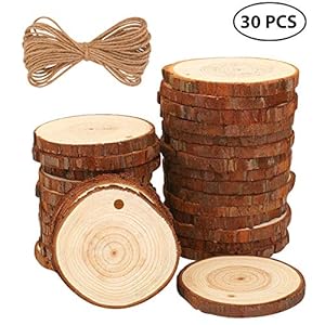 Rodajas de Madera Círculos 30pcs 6-7cm Fuyit Discos de Madera Rebanada + 10m Cuerda de Cáñamo Maderas Naturales Perforado Con Corteza de Árbol Para Manualidades DIY (2.4-2.8)