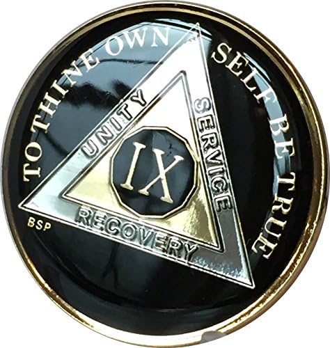 9 Year Classic Black AA Alcoholics Anonymous Medallion Sobriety Chip Tri Plate Gold & Nickel Plated