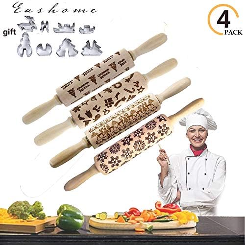 Eashome Embossing Wooden Rolling Pin Engraved Embossing Rolling Pin with 3D Type Cracker Cookie Mold Set Christmas Symbols for Baking Embossed Cookies 4 Pack Large