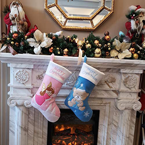 WEWILL 18’’ Baby’s First Christmas Stockings Felt Teddy Bear Embroidered White Cuff Xmas Stocking Gift Bag Home Holiday Decoration, Blue